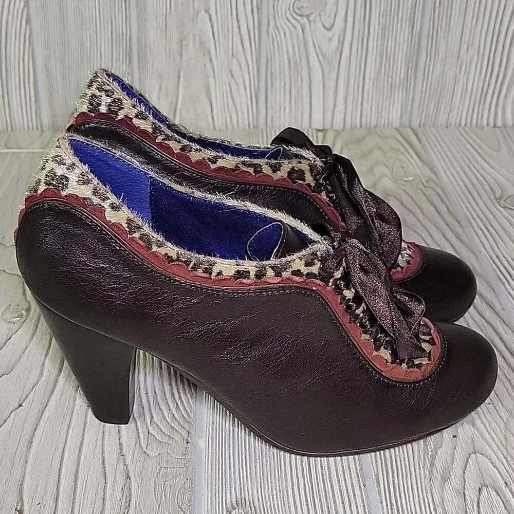 Poetic Licence Backlash Chocolate Leopard Print Lace Up Heels Womens EU37 US 6.5